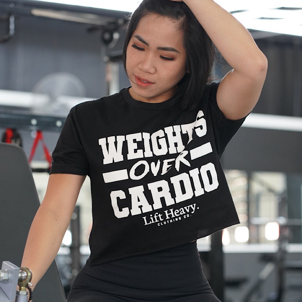 WEIGHTS OVER CARDIO CROPPED BLACK T-SHIRT