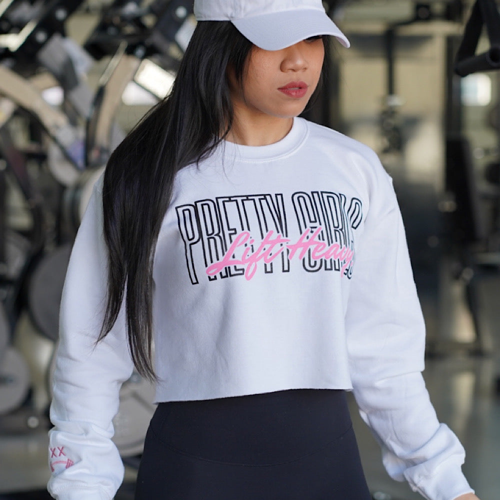 PRETTY GIRLS LIFT HEAVY PINK/BLACK LOGO - WHITE CROPPED SWEATER | Lift  Heavy Clothing