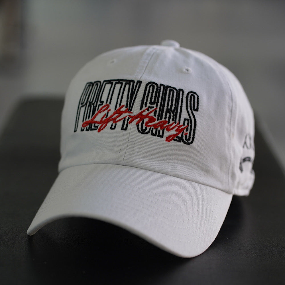 PRETTY GIRLS LIFT HEAVY WHITE DAD CAP - (BLACK/RED LOGO) (47 BRAND)