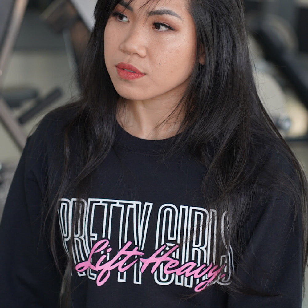 PRETTY GIRLS LIFT HEAVY PINK/WHITE LOGO - BLACK CROPPED SWEATER