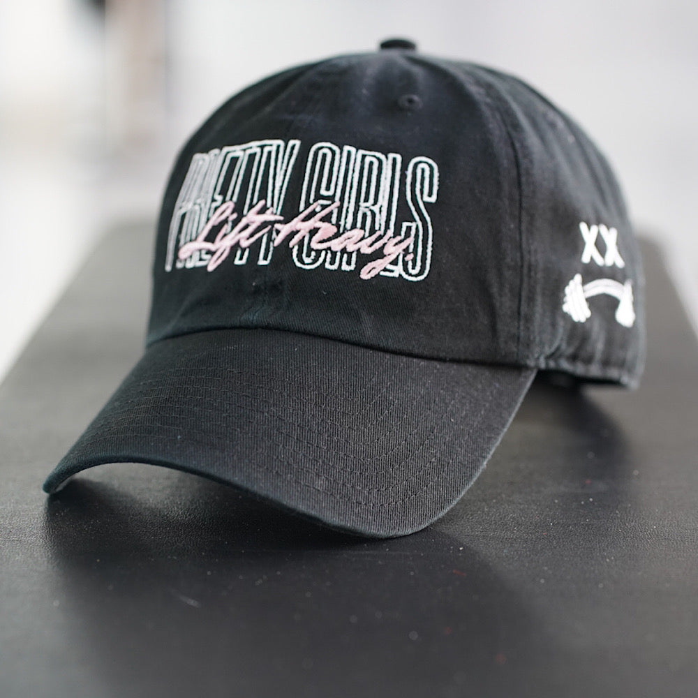 PRETTY GIRLS LIFT HEAVY BLACK DAD CAP - (WHITE/PINK LOGO) (47 BRAND)