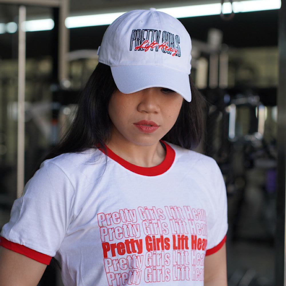 PRETTY GIRLS LIFT HEAVY WHITE DAD CAP - (BLACK/RED LOGO) (47 BRAND)