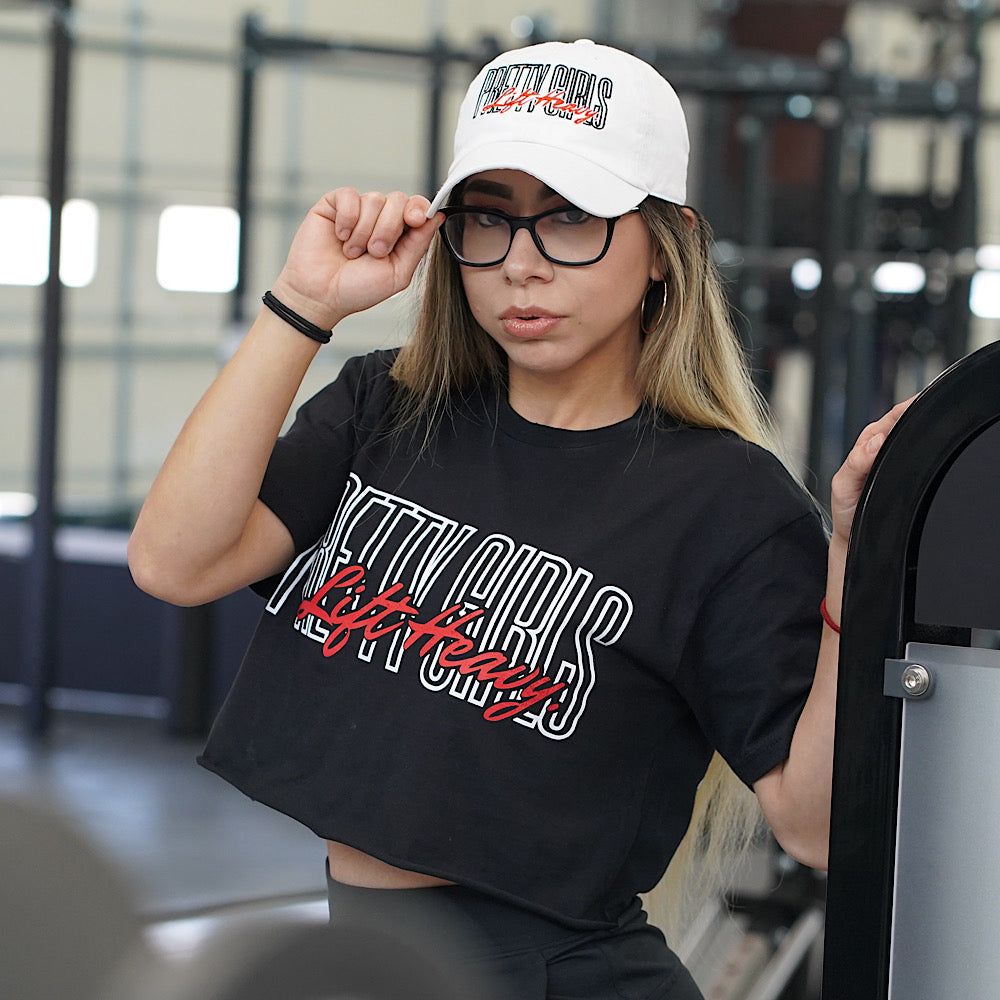 PRETTY GIRLS LIFT HEAVY RED/WHITE LOGO - BLACK CROPPED T-SHIRT