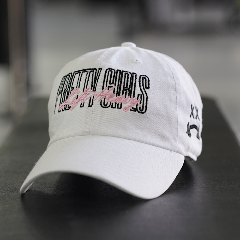 PRETTY GIRLS LIFT HEAVY WHITE DAD CAP - (BLACK/PINK LOGO) (47 BRAND)