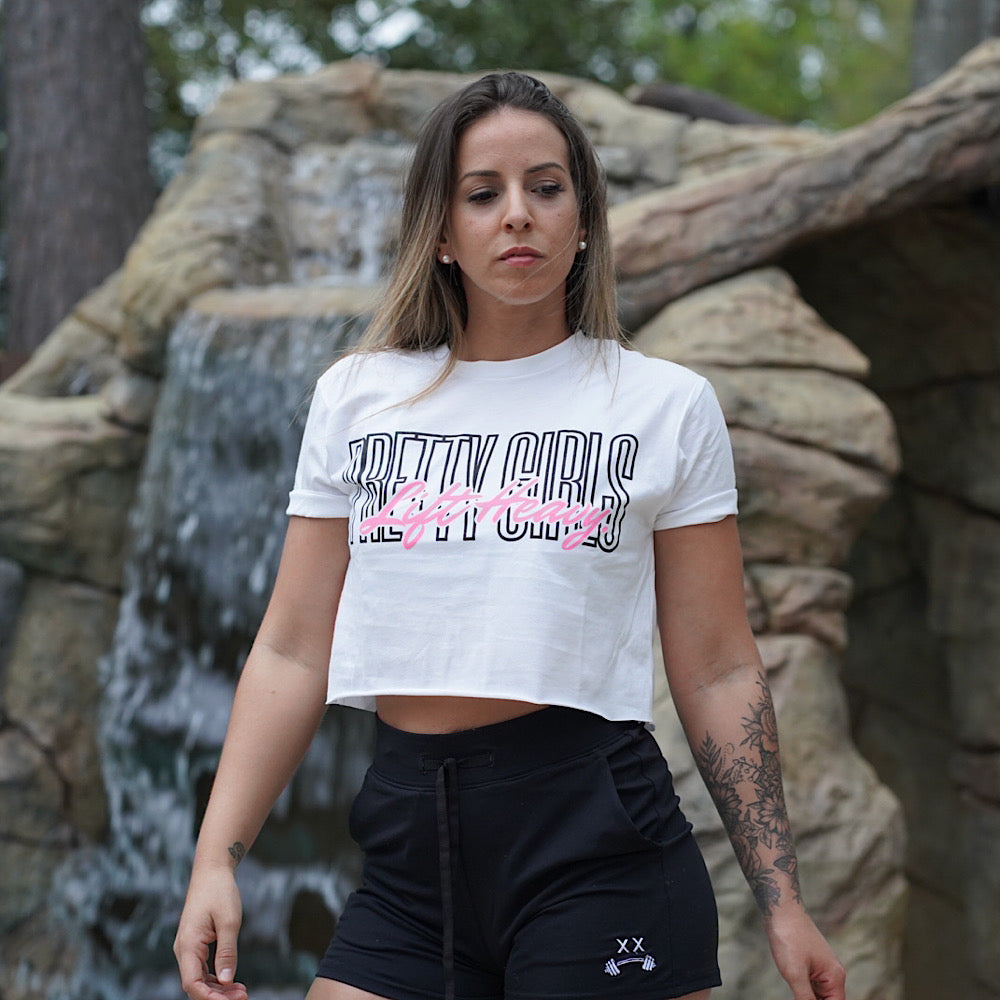 PRETTY GIRLS LIFT HEAVY (PINK/BLACK) LOGO - WHITE CROPPED T-SHIRT